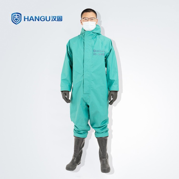 汉固牌耐酸碱防化服HG-1WP绿色连体手套结构GB 24539-2021