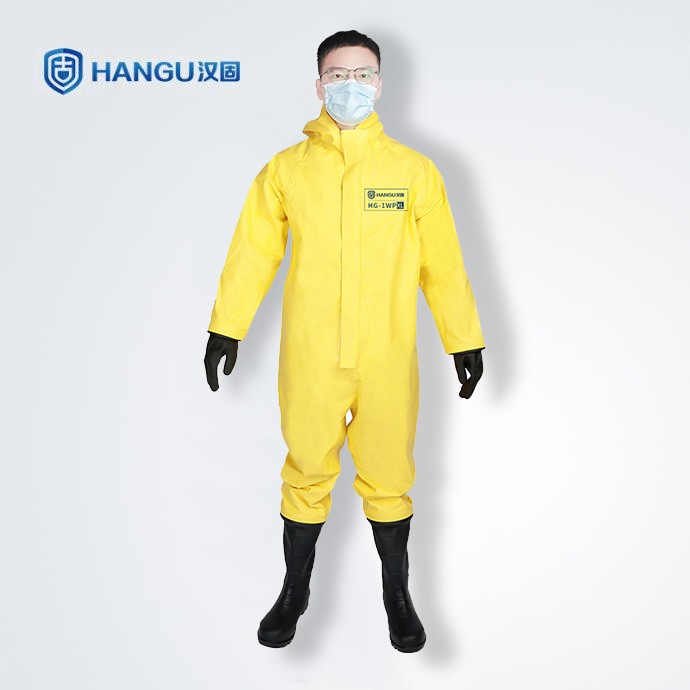 汉固牌耐酸碱防化服HG-1WP黄色连体手套结构GB24539-2021
